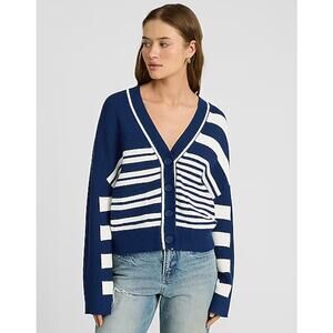EXPRESS Relaxed Mismatch Striped Cardigan Chunky Knit Sweater Cozy Preppy Blue
